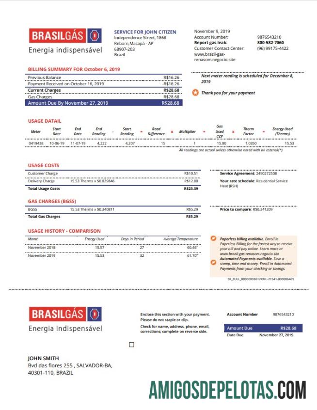 Para baixar modelo de conta de serviços públicos de gás no Brasil em formato Word e PDF